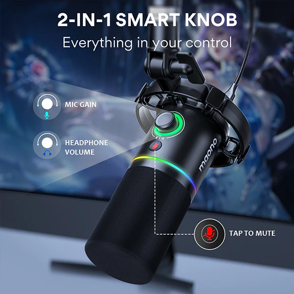 MAONO XLR/USB Dynamic Microphone, RGB Gaming Mic with Software, Mute, Gain Knob, Volume Control and Headphone Jack for Streaming, Podcasting, Recording-PD200X (Black) - Image 9